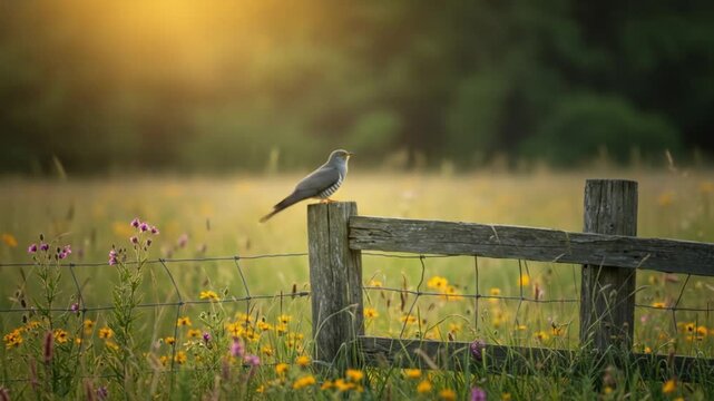 A serene landscape with a cuckoo sitting on an old wooden fence surrounded by wildflowers