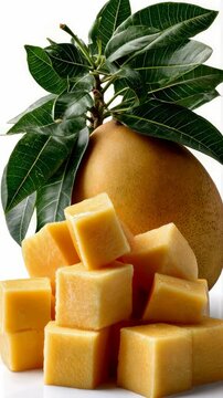 Discovering the unique flavor of sapote with fresh cut cubes and vibrant leaves showcasing its natural beauty