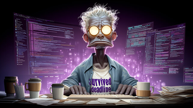 Programmer displays goofy tired face while working on multiple monitors filled with code. Messy desk with coffee cups creates comedic stress atmosphere