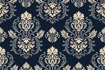 Floral ikat embroidery with ethnic Aztec style in seamless traditional textile illustration, perfect fabric pattern design for texture, clothing, and decoration.