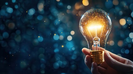 Idea innovation and inspiration concept.Hand of man holding illuminated light bulb, Idea innovation and inspiration concept. creativity with bulbs that shine glitter, Concept for success.