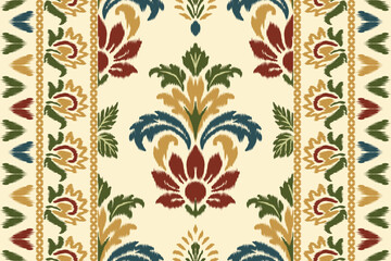 Floral ikat seamless pattern with ethnic embroidery and Aztec elements, perfect for traditional textile illustration and stylish fabric design.