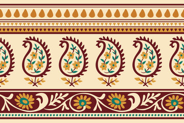 Ikat paisley floral pattern in ethnic Aztec style with traditional embroidery. Seamless textile illustration for fabric, clothing, and decoration in warm modern tones.