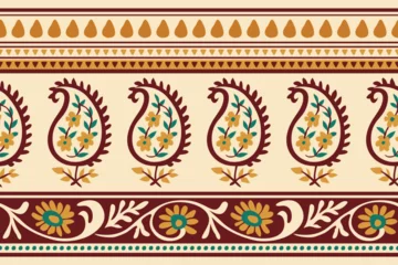 Poster Ikat paisley floral pattern in ethnic Aztec style with traditional embroidery. Seamless textile illustration for fabric, clothing, and decoration in warm modern tones.