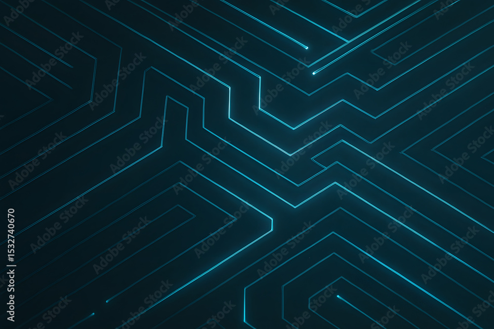 Poster blue glowing circuit lines form an abstract, geometric maze-like pattern on a dark surface, resembli