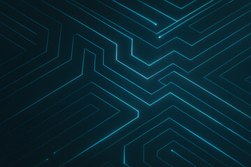 Blue glowing circuit lines form an abstract, geometric maze-like pattern on a dark surface, resembling futuristic technology..