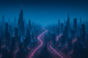 A wide futuristic city view with glowing pink energy paths as roads, towering skyscrapers, and a misty blue backdrop..