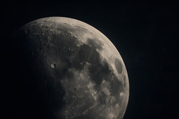 High-resolution image of the moon’s cratered surface under sunlight, showing texture, shadows, and the vast darkness of space..