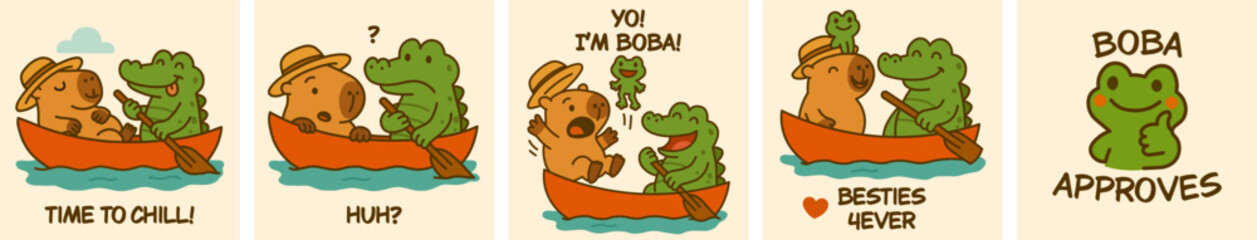 Cute comic strip with capybara, crocodile and frog in a boat – friendship, chill time, and wholesome humor – kawaii animal meme panel in cartoon style for stickers, prints, and merch