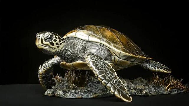 Realistic sculpture of a turtle swimming gracefully over a rocky seabed with detailed textures