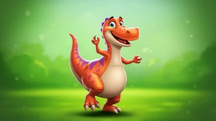 Happy Cartoon Dinosaur in Green Field - An adorable, orange cartoon dinosaur with purple spots joyfully dances in a lush green field. - Powered by Adobe
