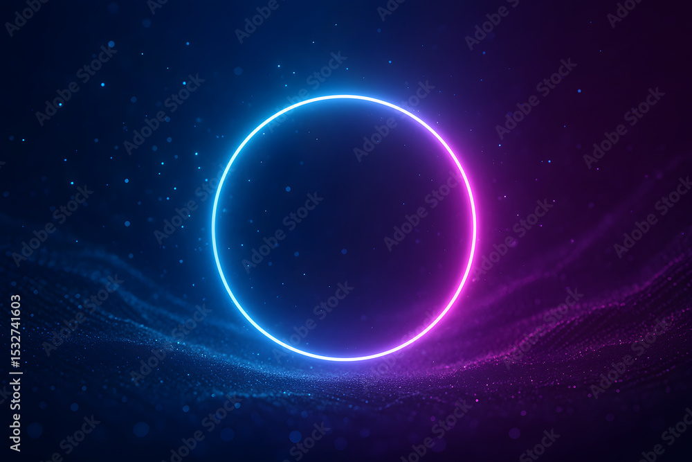 Poster a vibrant neon circle with blue and pink gradients, hovering in a dark digital space filled with abs
