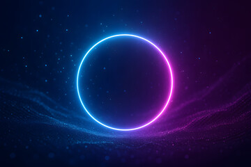 A vibrant neon circle with blue and pink gradients, hovering in a dark digital space filled with abstract particles..