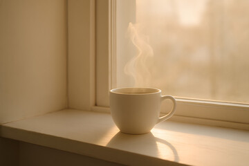 White cup of tea with visible steam on a windowsill, bathed in warm sunlight, creating a peaceful morning atmosphere..