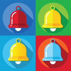Colorful Bell Icons with Long Shadows on Contrasting Backgrounds