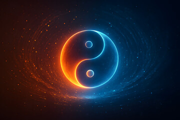 Futuristic glowing yin yang floats in a space vortex, blending ancient symbolism with cosmic and tech-inspired visuals..
