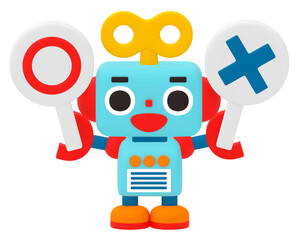 丸とバツのプラカードを持ったかわいいロボット