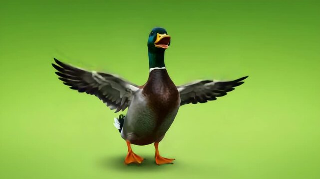 Mallard Duck Dancing on Green Screen - A digitally video mallard duck with wings outstretched, appearing to dance against a bright green background.