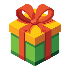 Isometric Gift Box with Red Ribbon Green and Yellow Colors