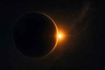 A large dark planet eclipses the sun, casting a glowing flare into surrounding space against a backdrop of distant stars..