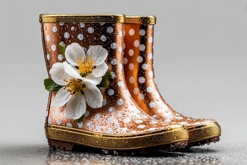 Colorful rain boots adorned with flowers showcase resilience in a playful display of nature's beauty during a rainy day