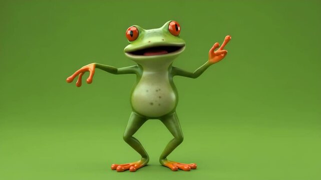 Cheerful Cartoon Frog Dancing on Green Screen - A 3D-video cartoon frog with bright orange toes and red eyes is shown dancing against a solid green background.