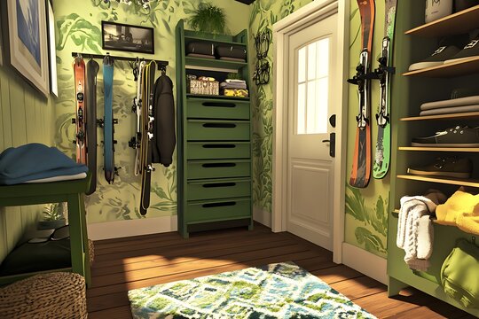 Compact tiny house interior with fold-down ski rack and storage, showcasing organized adventure gear