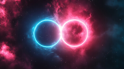 Obraz premium Cosmic Collision Two Neon Rings Intertwined in a Nebula of Pink and Blue Hues Creating a Futuristic Abstract Space Scene, Background Image, Wallpaper, ai Generated