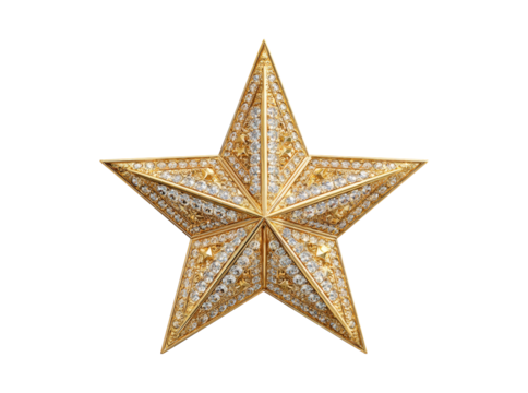 Gold diamond star luxury jewel encrusted five pointed star, Isolated On Transparent Background