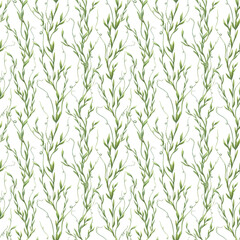 Seamless watercolor pattern with vertically climbing green herbaceous plants isolated background. Lush delicate foliage illustration wallpapers, textile prints, nature designs