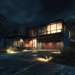 Modern house at night illuminated pathway lights