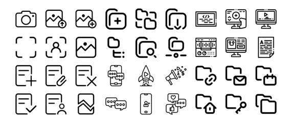 Black Line Icons Set Media Content Management Upload Download