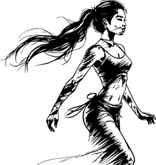 Dynamic action pose of a stylish woman walking in urban environment graphic artistic modern viewpoint