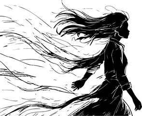 Woman in flowing hair walking against the wind urban street dynamic movement side view freedom