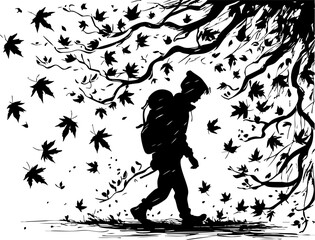 Hiker walking through the autumn forest nature leafy environment artistic viewpoint adventure