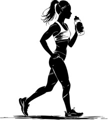 Running woman with water bottle outdoor gym fitness lifestyle urban environment side view healthy living inspiration