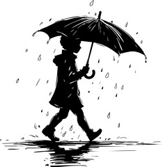 Walking in the rain with an umbrella urban city streets moody environment side view resilience in adverse weather