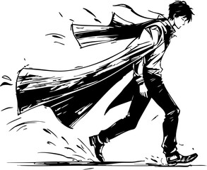 Dynamic character walking with a flowing cape urban setting digital art action scene side view heroic journey