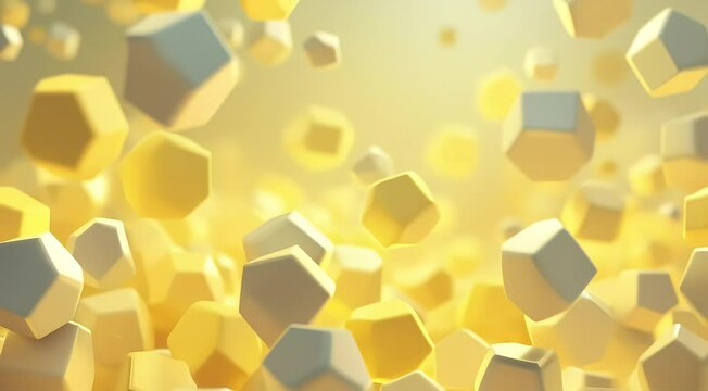 Abstract 3D pentagons floating freely through space with smooth light transitions creating a calming atmosphere