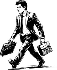 Business professional walking with briefcases in urban setting black and white sketch focus on career and ambition