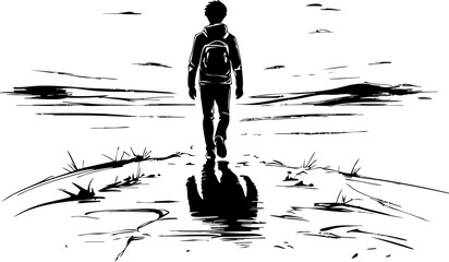 A young explorer walking through serene nature trails scenic landscape black and white reflecting on life's journey
