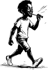 Joyful child walking with whistle urban street black and white fun environment side view playfulness and freedom