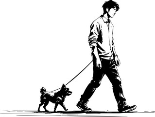 Man walking dog in urban setting lifestyle scene black and white calm environment side view companionship