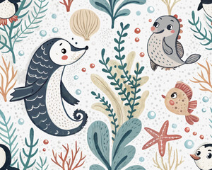 Seamless Scandinavian Underwater Vector Illustration – Cute Hand-Drawn Ocean Animals Pattern for Nursery, Kids Decor, Print fabrics, textile and background
