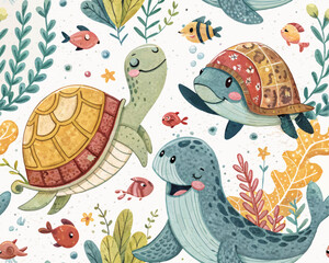Seamless Scandinavian Underwater Vector Illustration – Cute Hand-Drawn Ocean Animals Pattern for Nursery, Kids Decor, Print fabrics, textile and background