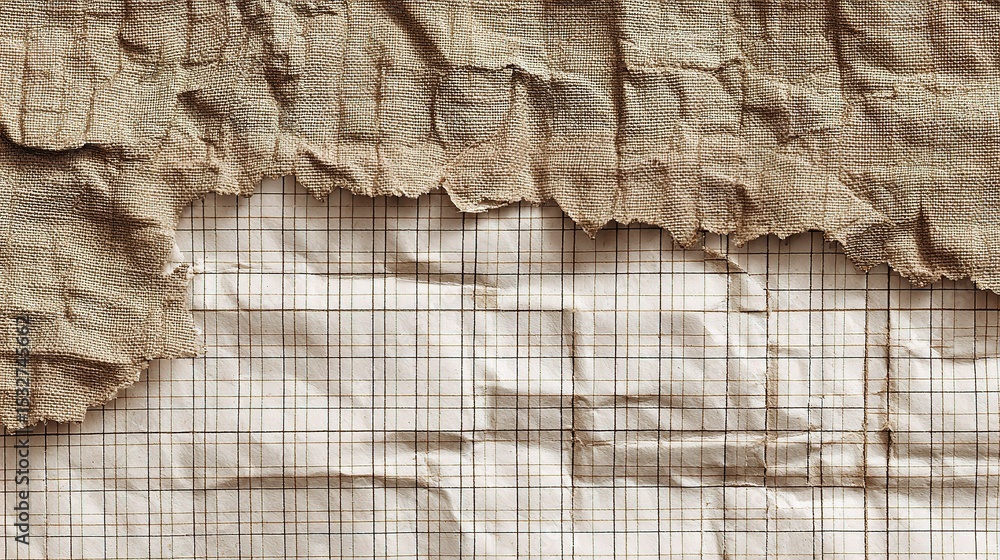 Poster weathered wrinkled graph paper sheet with torn edges and texture