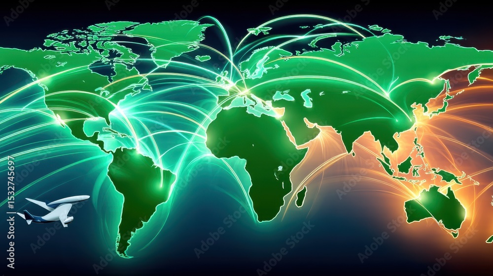 Poster global shipping network illustrated through maps and interconnected flight routes