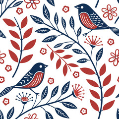 Seamless pattern with two birds, red flowers and blue branches on a white background, flat design, decorative, nature-inspired, vibrant colors, symmetrical arrangement