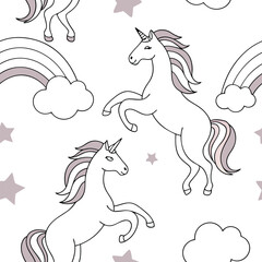 Seamless pattern with unicorns, rainbows, clouds and stars, simple line art, white background, cute and whimsical design, pastel colors, children's illustration style