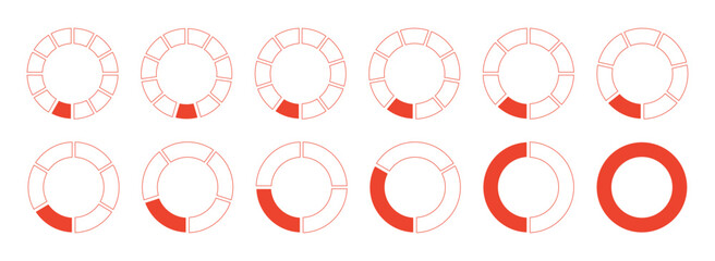 Circles divided diagrams 1, 2, 3, 10, 7, 8, 9, 10, 11, 12 equal parts. Graph pie, pizza shape section charts icons. Coaching blank flat template. Set of red segments wheel round divide infographic. 